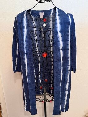 💈💈💈BOGOHO💈💈💈Chico's Navy & White Tie-Dye Open Kimono-1P